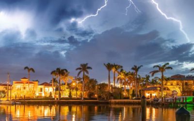 Boca Raton buildings along Lake Boca Raton during a storm, Florida.