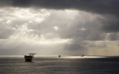 Offshore oil rigs during turbulent weather in the South China Sea, Brunei